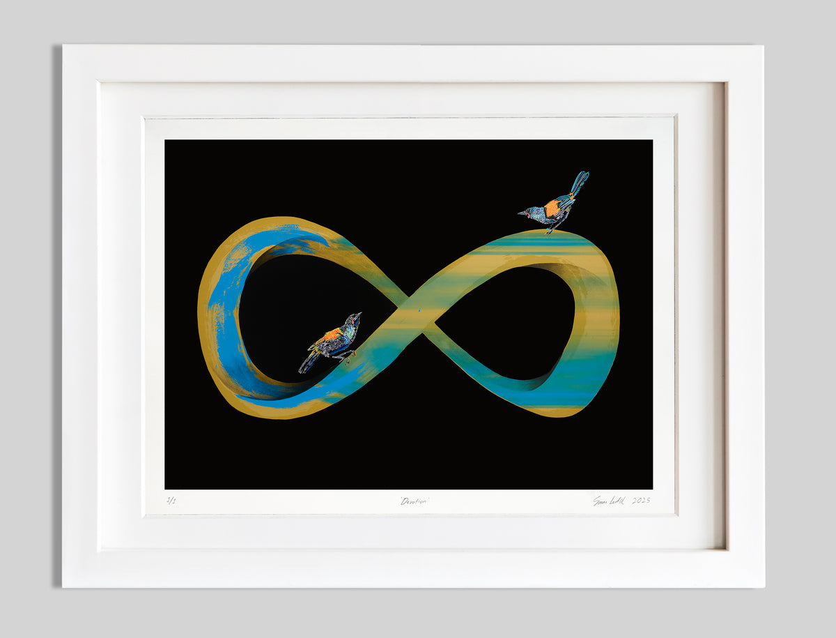 Framed artwork of an infinity symbol with birds on a black background