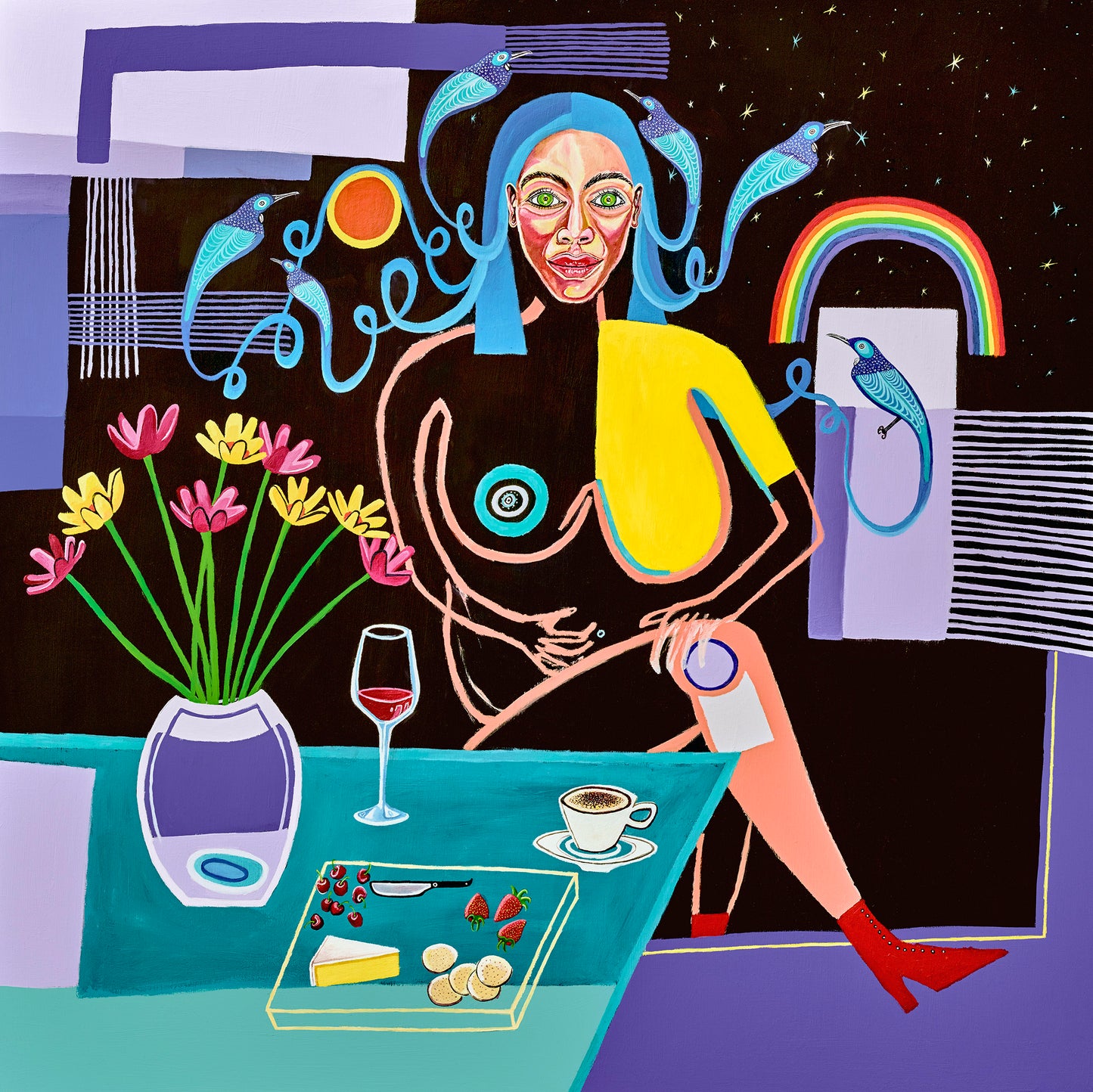 Giclee print featuring a stylized, abstract character with blue hair and a multicolored backdrop, seated at a table with a glass of red wine and a book.