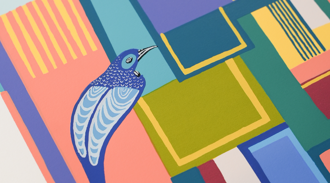 A vibrant illustration of a patterned blue bird perched amidst a colorful geometric collage of pink, yellow, green, and purple rectangles.