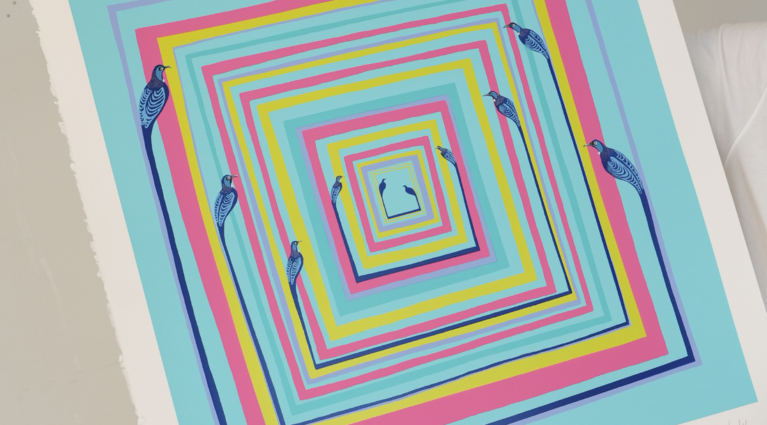 An abstract art print featuring a series of concentric, multicolored squares in blue, pink, and yellow, with several stylized blue birds perched on the edges of the frames.