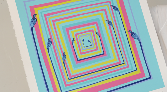An abstract art print featuring a series of concentric, multicolored squares in blue, pink, and yellow, with several stylized blue birds perched on the edges of the frames.