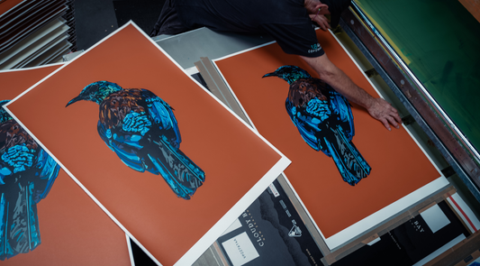 Sam Leitch at the workshop creating his latest screen print Nothing for Granted - Inception with a team of experts at Artrite Screen Printing