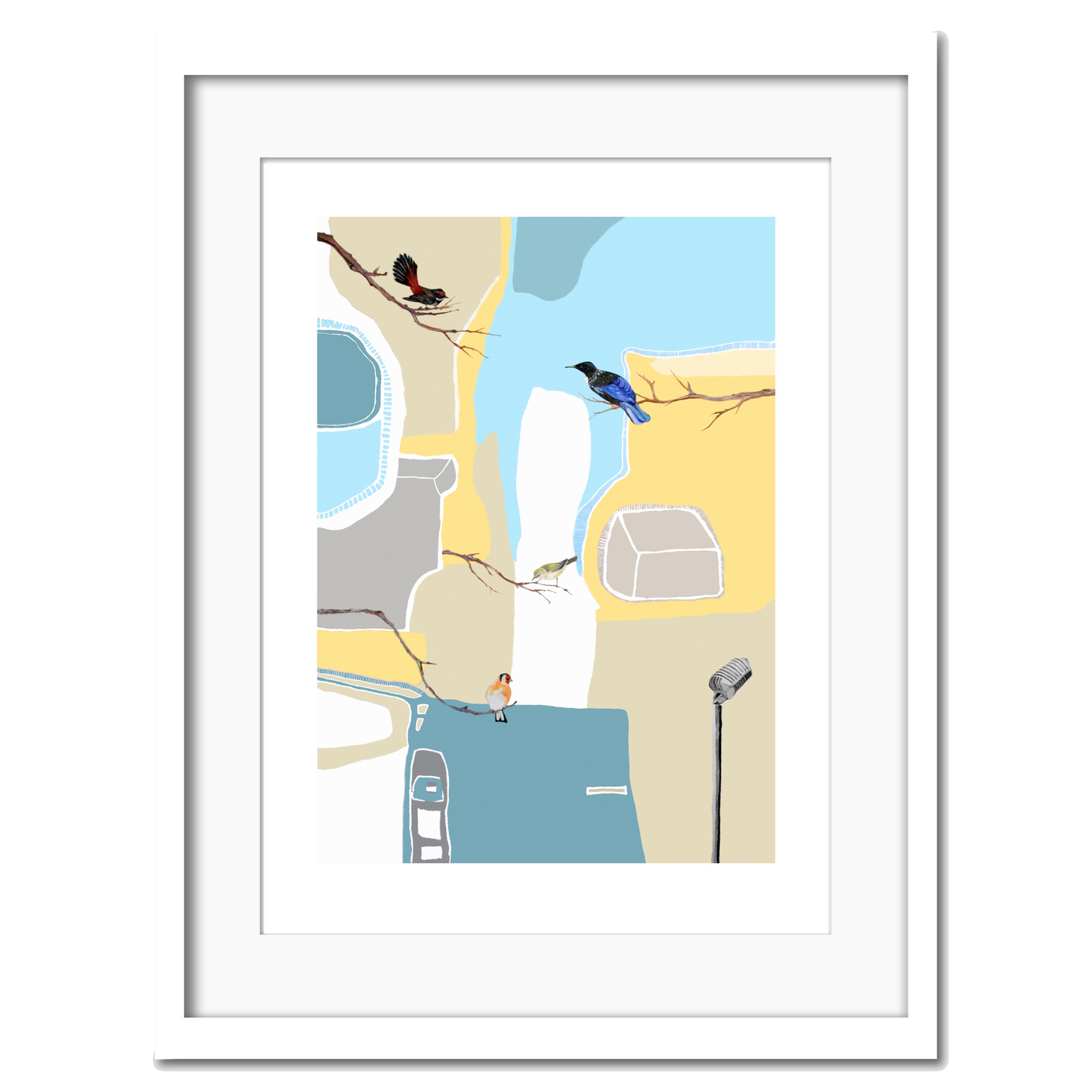 A giclee print featuring a stylized illustration of birds with lightnhues in the background.