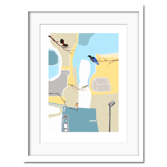 A giclee print featuring a stylized illustration of birds with lightnhues in the background.
