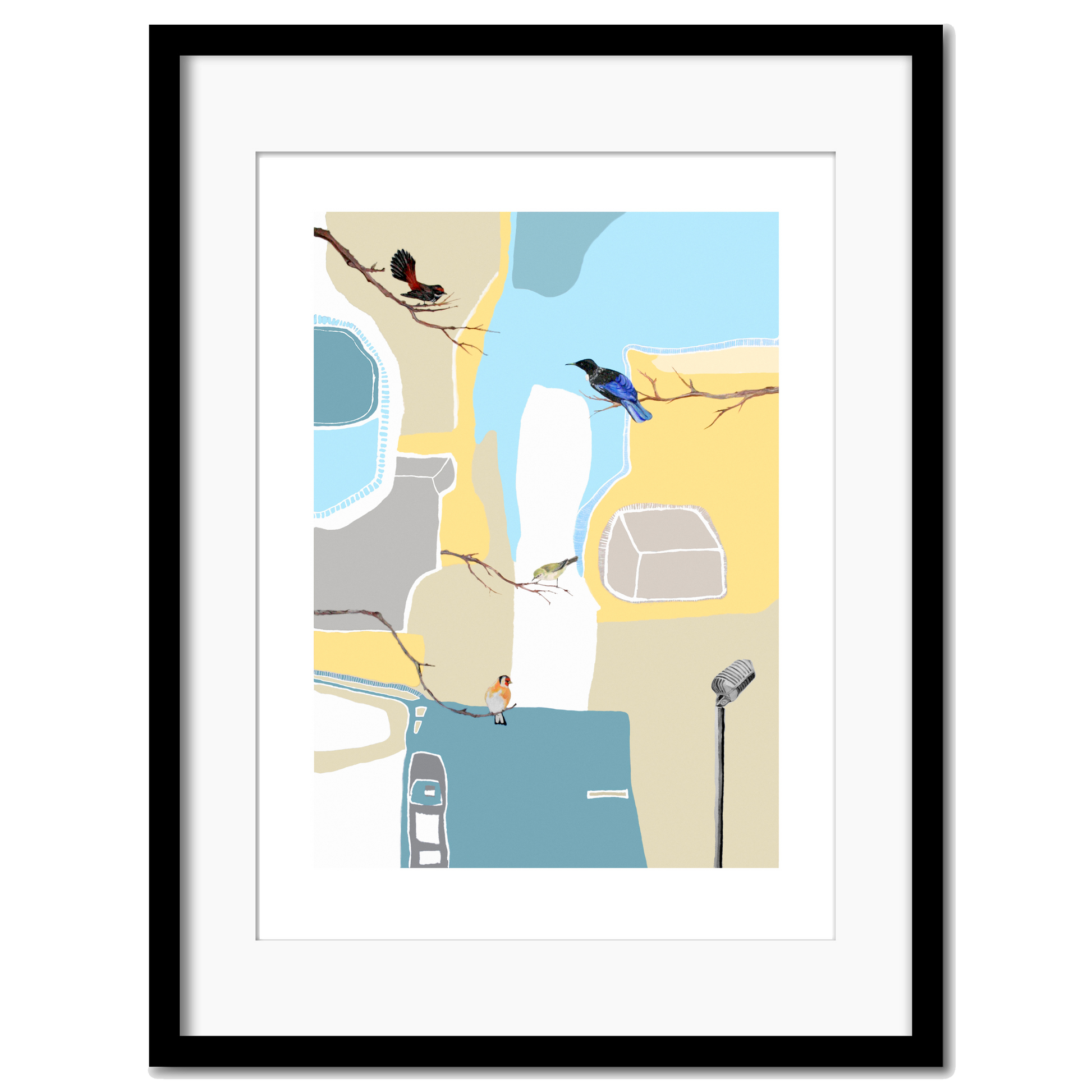 A giclee print featuring a stylized illustration of birds with lightnhues in the background.