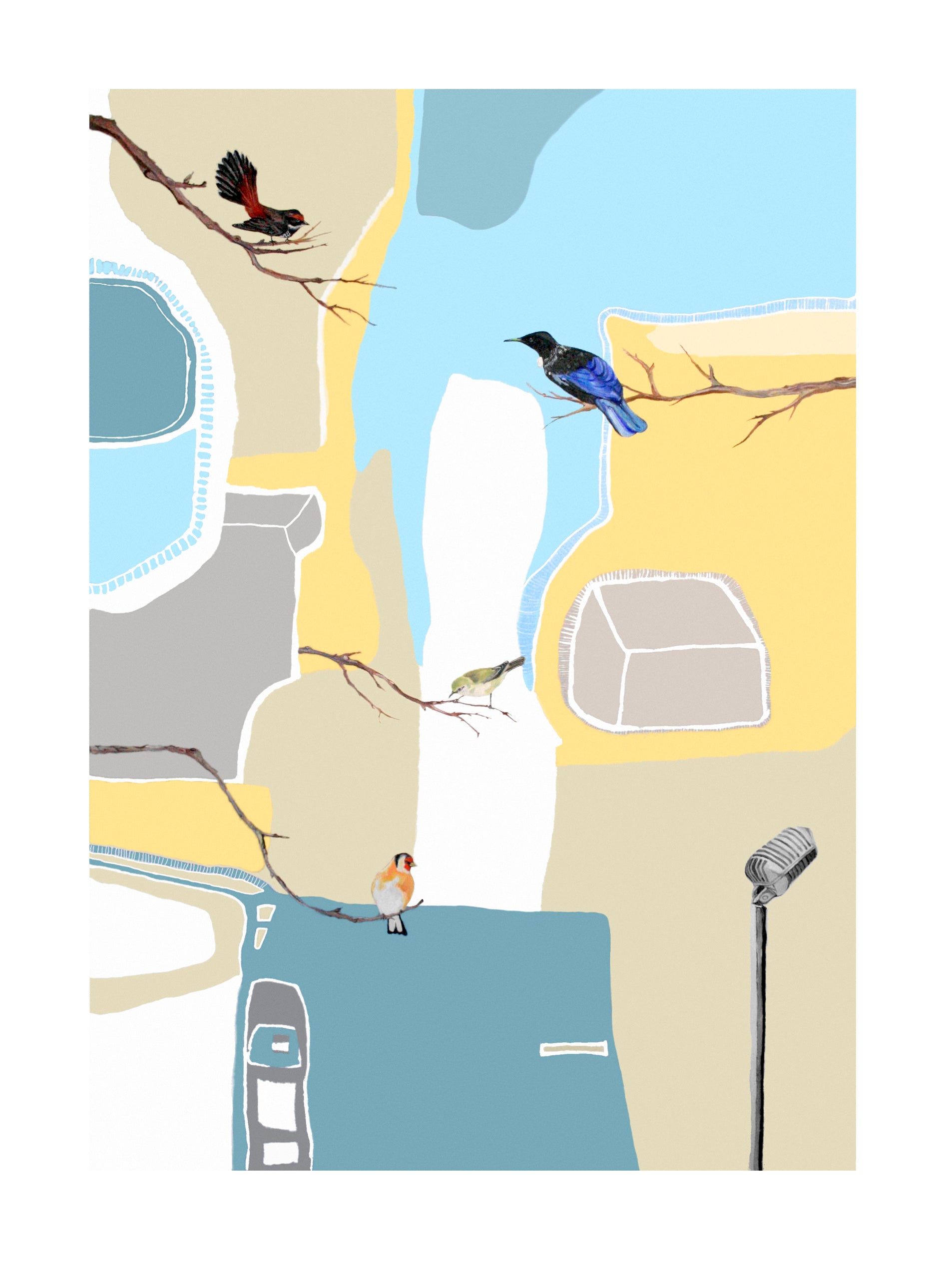 A giclee print featuring a stylized illustration of birds with lightnhues in the background.