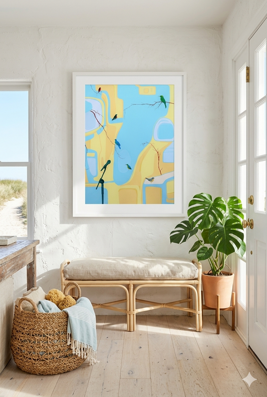 A limited edition screen print by contemporary NZ artist Sam Leitch, known for blending surrealism & storytelling with soft graphic form. 