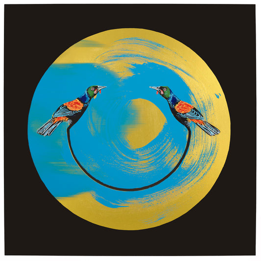 A limited edition screen print featuring two tieke birds (Saddlebacks) in a circular arrangement with blue and gold colors on a black background.