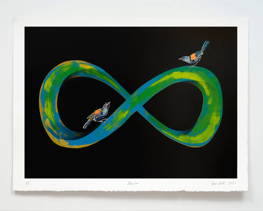 Infinity symbol with birds on a black background