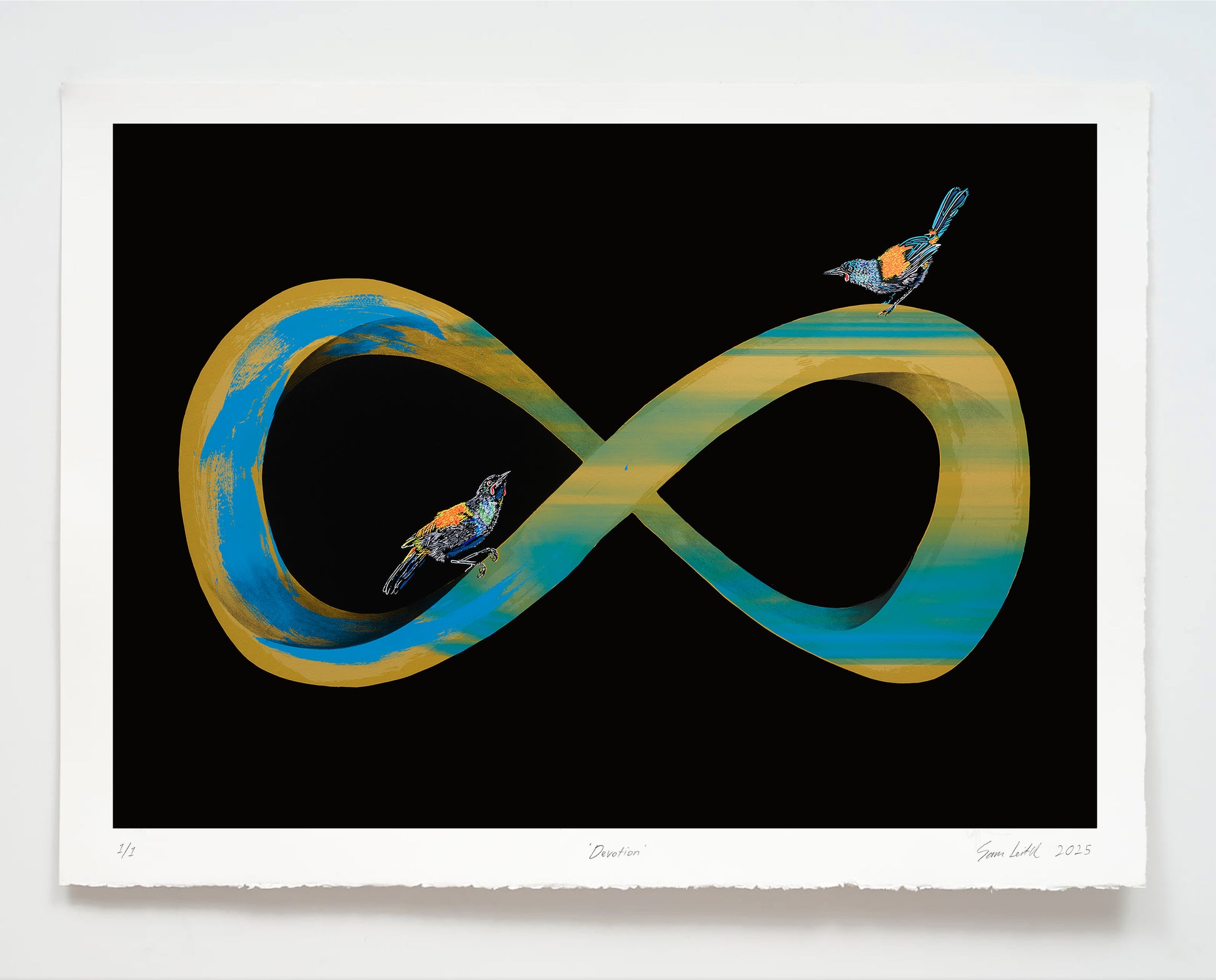 Infinity symbol with birds on a black background