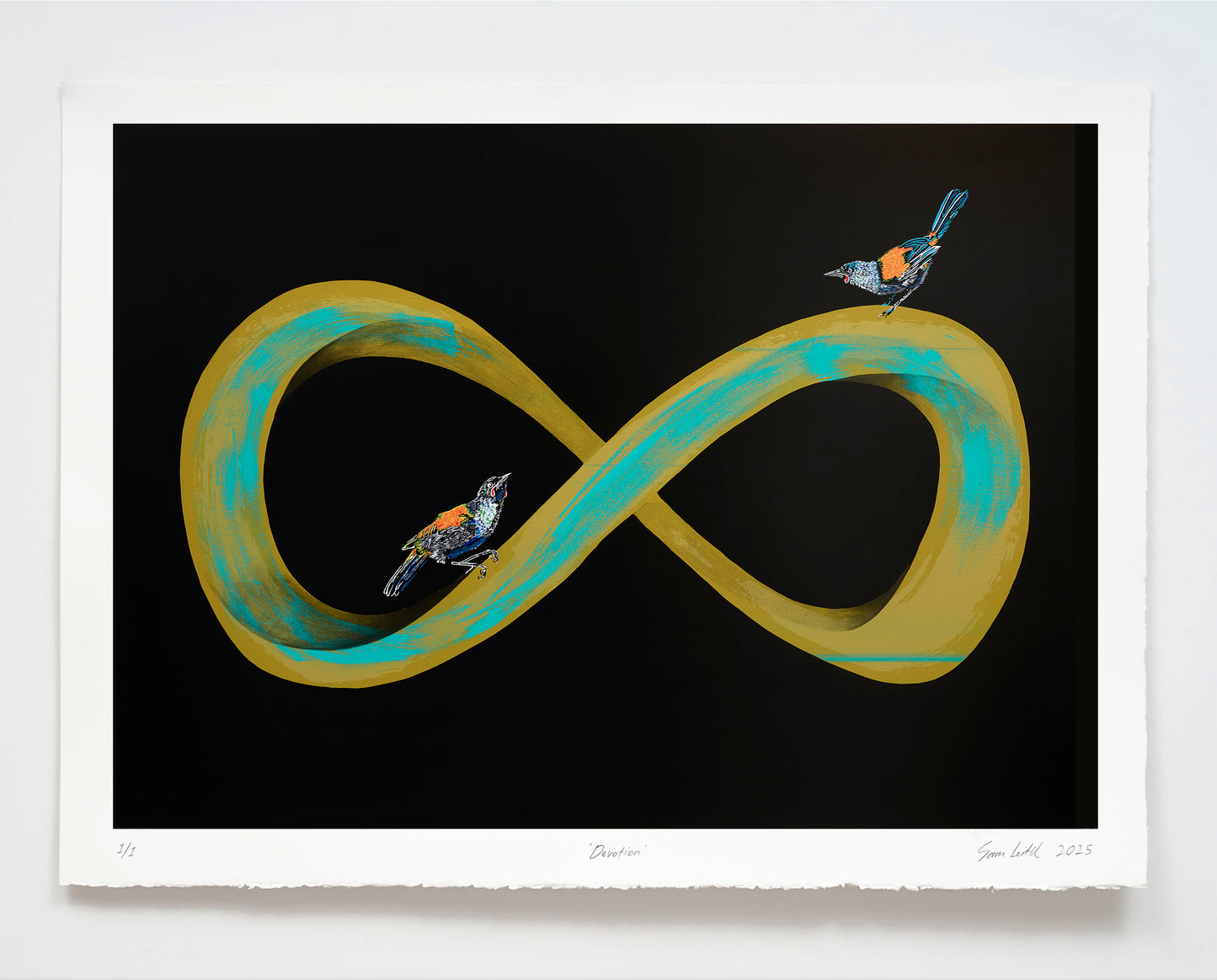 Infinity symbol with birds on a black background
