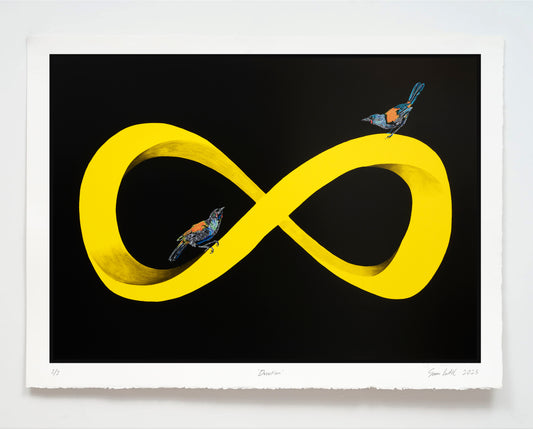 Yellow infinity symbol with two birds on a black background
