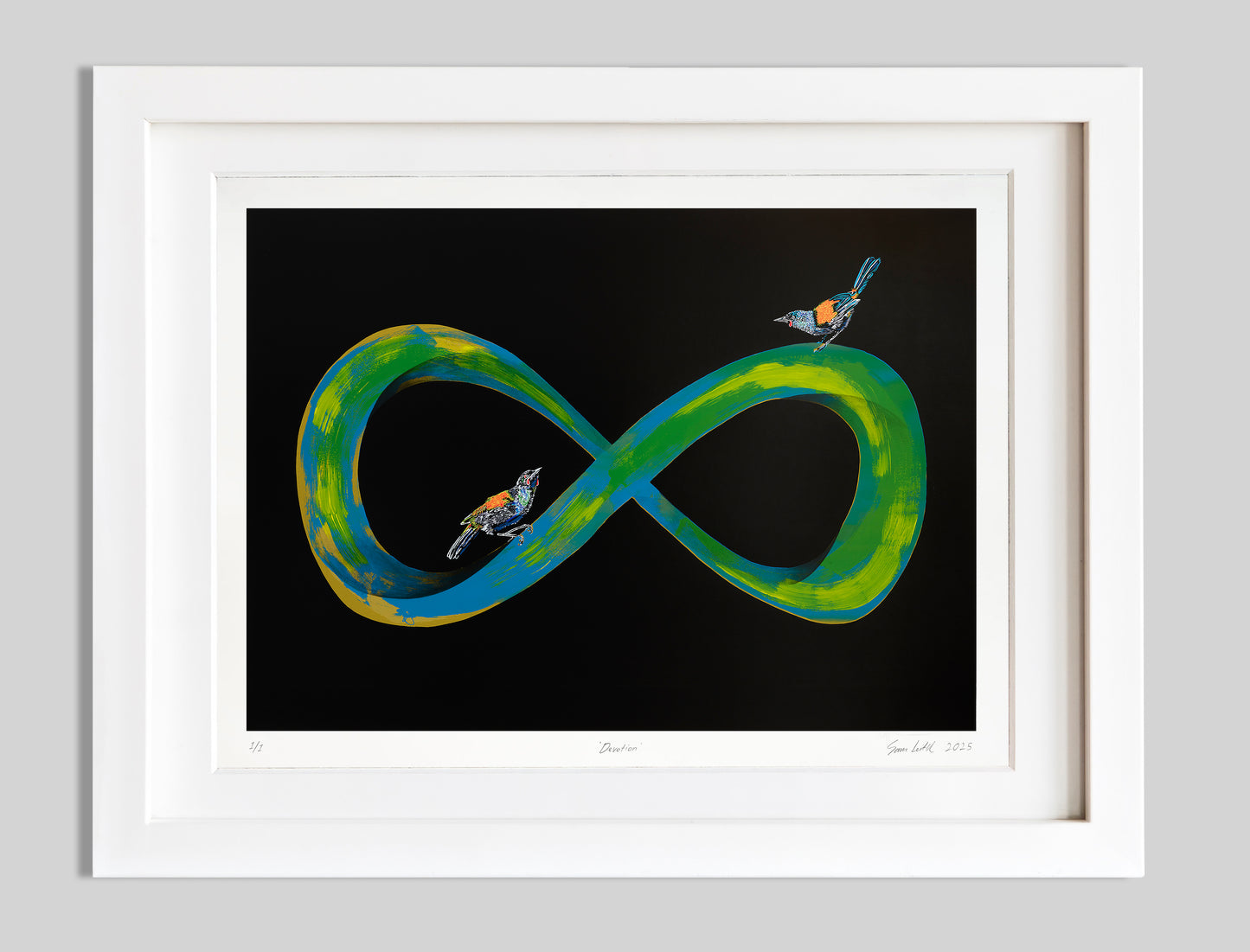 Blue, yellow, green and gold infinity symbol art with black background