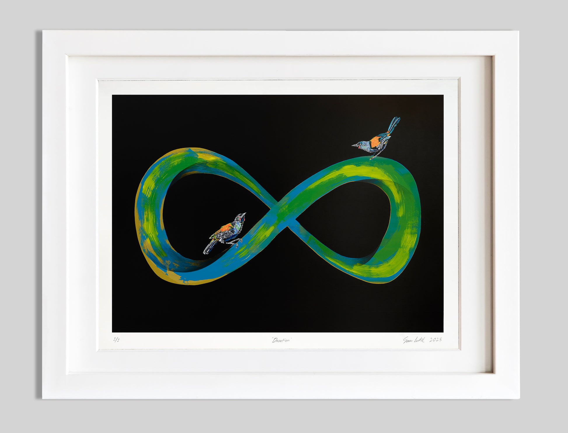 Blue, yellow, green and gold infinity symbol art with black background