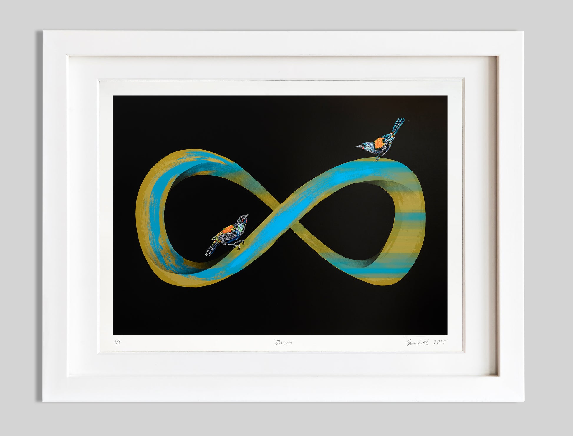 Gold and blue infinity symbol with two tieke birds perched on it with a black back ground in a white frame