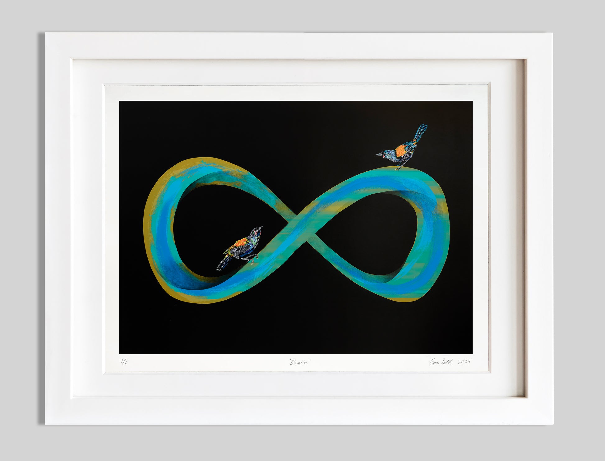 Gold, turquoise and blue infinity symbol with a black background in a white frame
