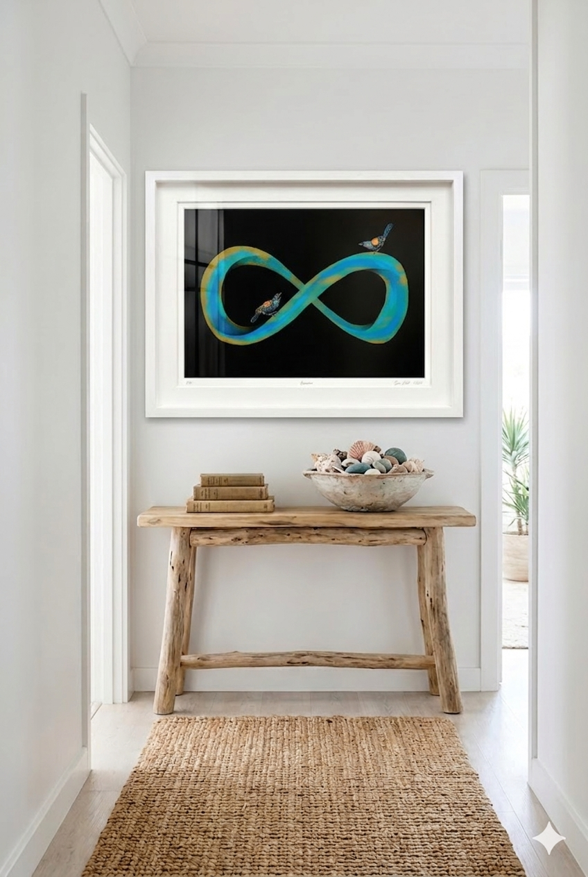 Gold, turquoise and blue infinity symbol art with black background in a modern home setting