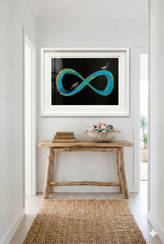 Gold, turquoise and blue infinity symbol art with black background in a modern home setting