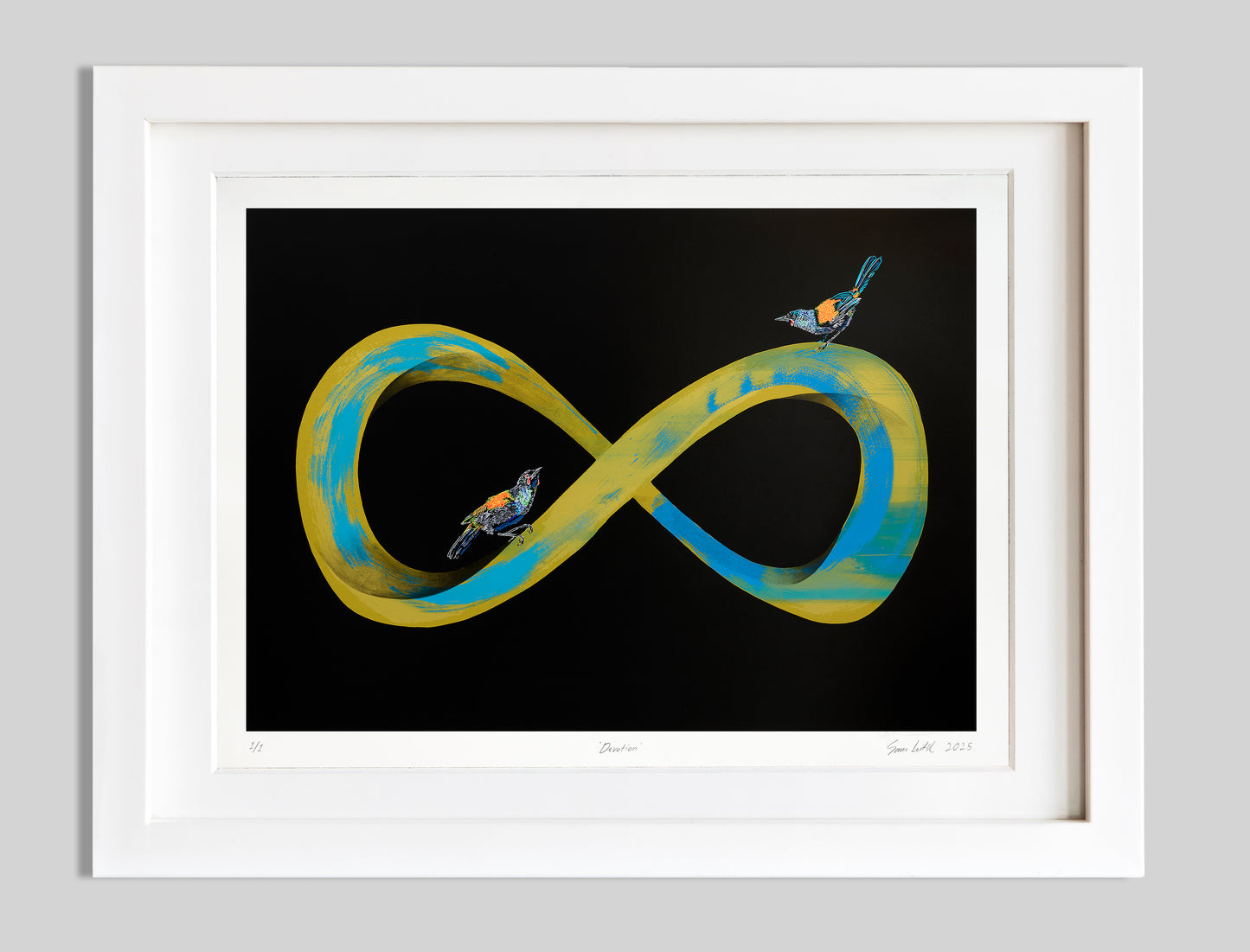 Gold and blue infinity symbol with two tieke birds perched on it in a white frame