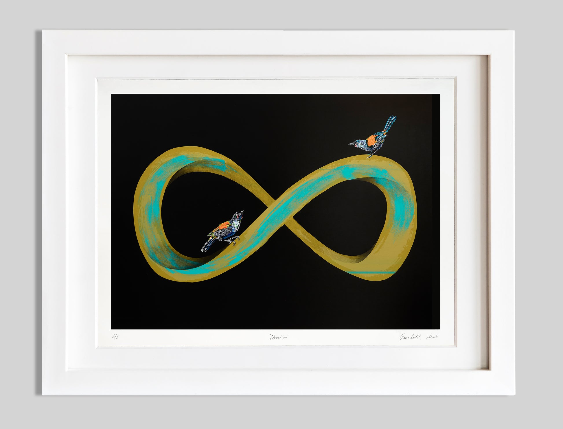 Framed artwork of an infinity symbol with birds on a black background