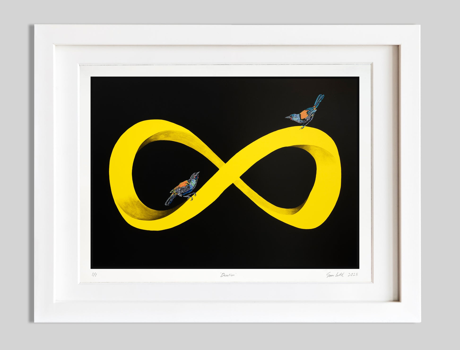 Yellow infinity symbol with two birds on a black background and situated in a white frame.