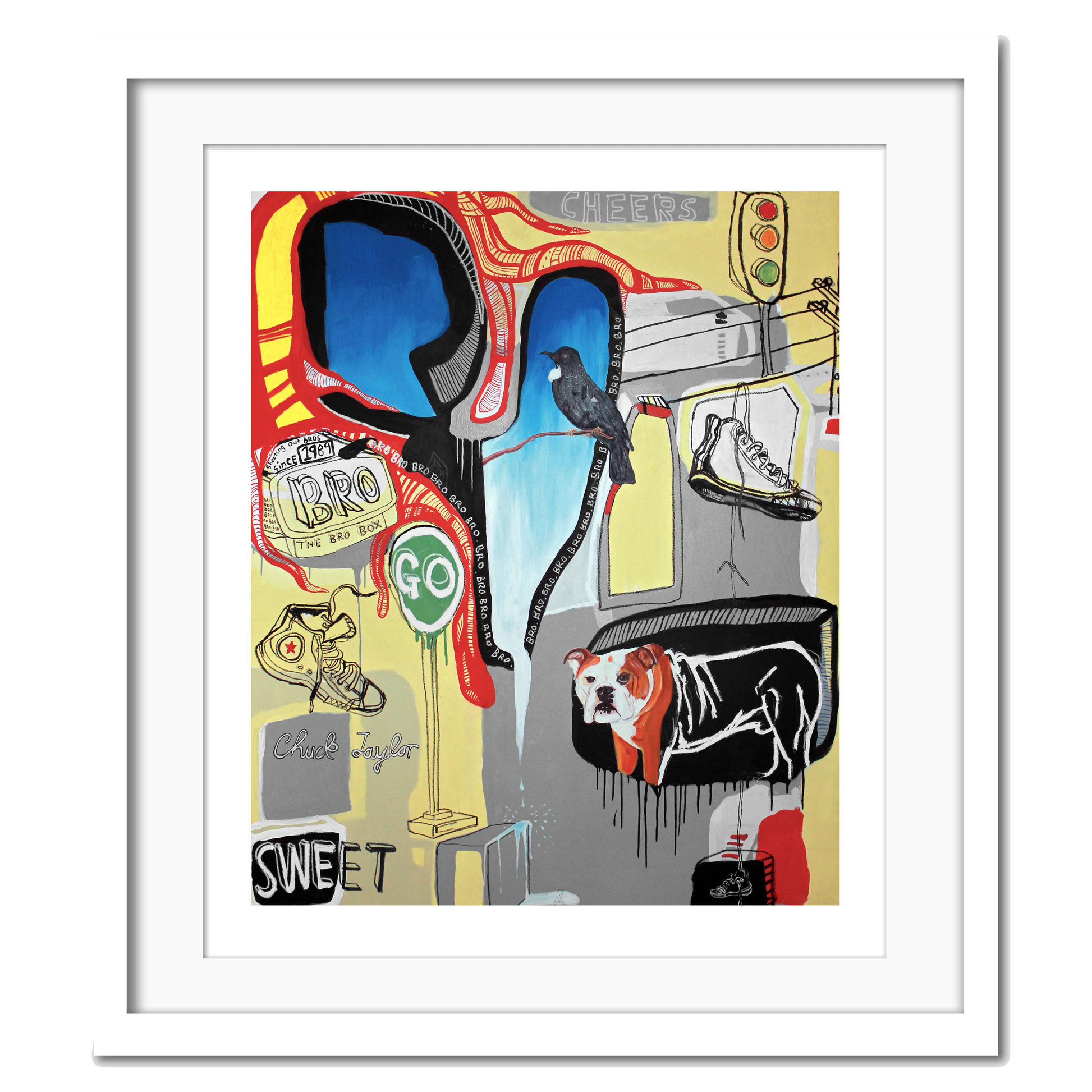 Giclee print featuring abstract elements such as a bulldog, a tui bird, and Chuck Taylor Converse shoes in a chaotic composition on a textured background.