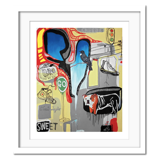 Giclee print featuring abstract elements such as a bulldog, a tui bird, and Chuck Taylor Converse shoes in a chaotic composition on a textured background.