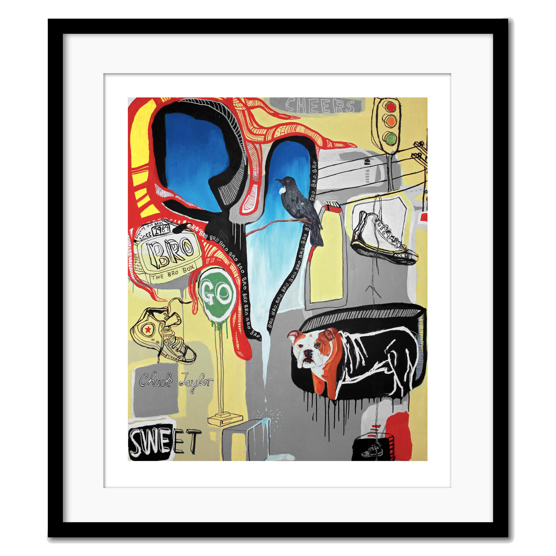 Giclee print featuring abstract elements such as a bulldog, a tui bird, and Chuck Taylor Converse shoes in a chaotic composition on a textured background.