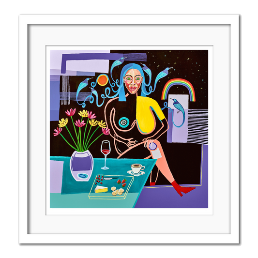Giclee print featuring a stylized, abstract character with blue hair and a multicolored backdrop, seated at a table with a glass of red wine and a book.