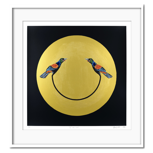 Two tieke birds in a gold circle with a black ground. 