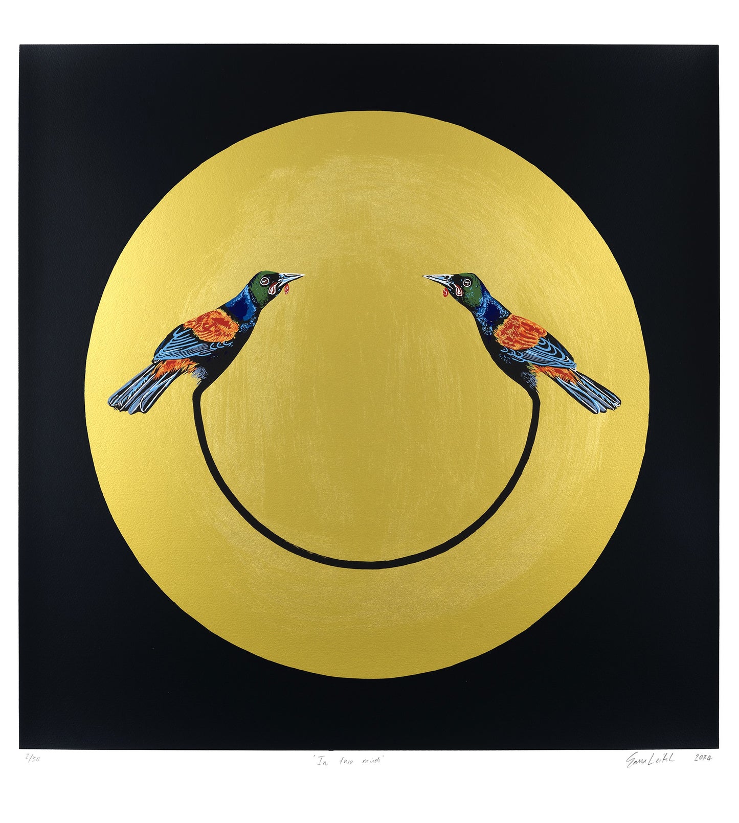 Two tieke birds in a gold circle with a black ground. 