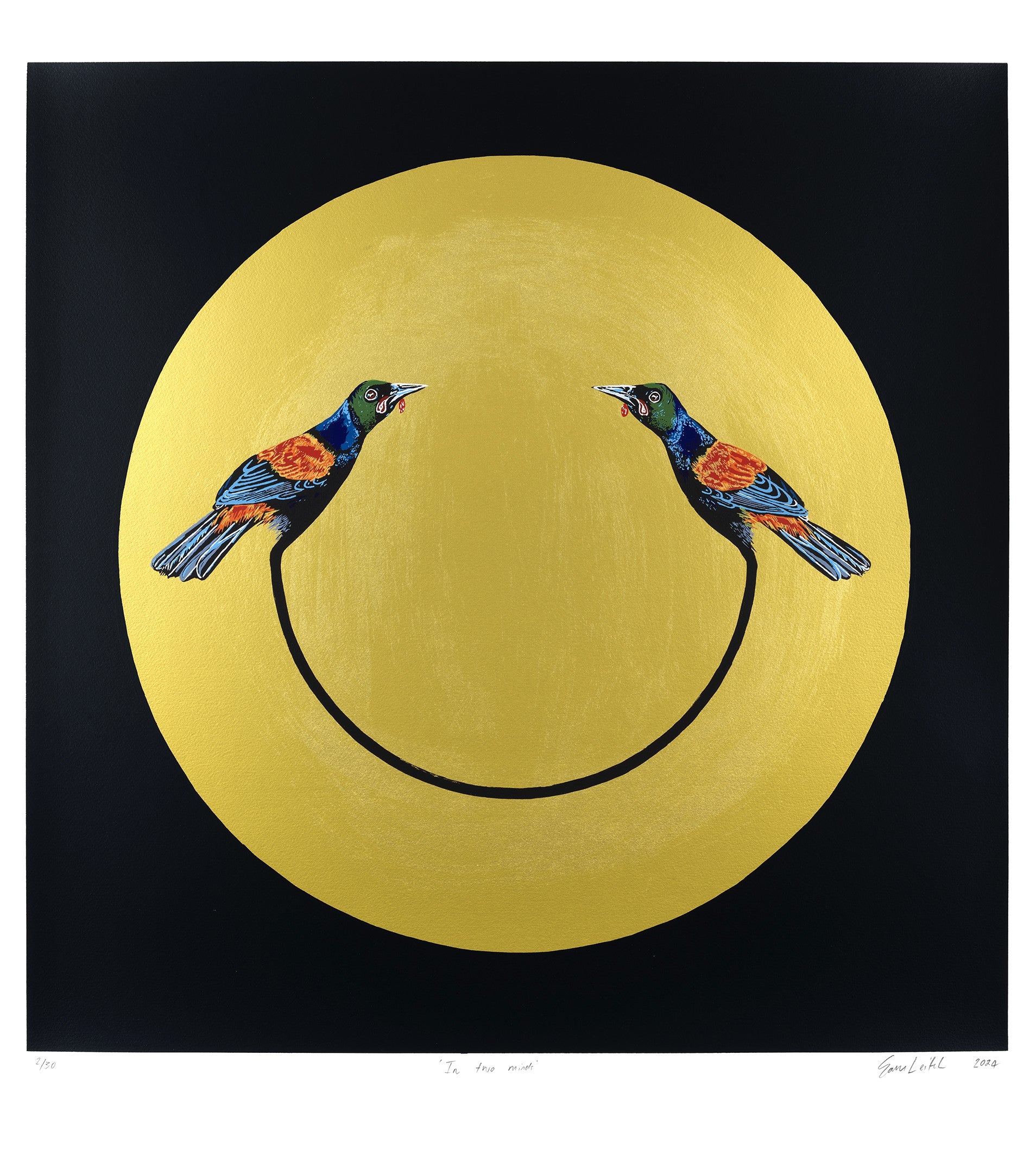 Two tieke birds in a gold circle with a black ground. 
