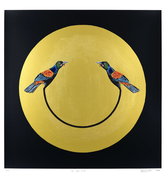 Two tieke birds in a gold circle with a black ground. 