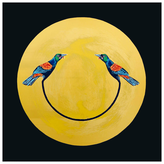 A round yellow artwork featuring two stylized birds with blue and orange colors on a yellow background.