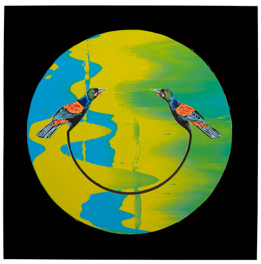 Two birds connected inside a blue and yellow circle with a black background
