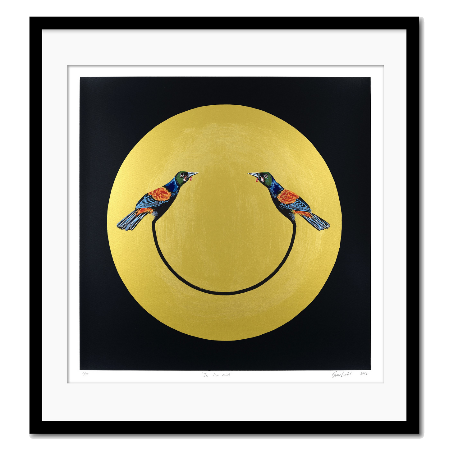 Two tieke birds in a gold circle with a black ground. 