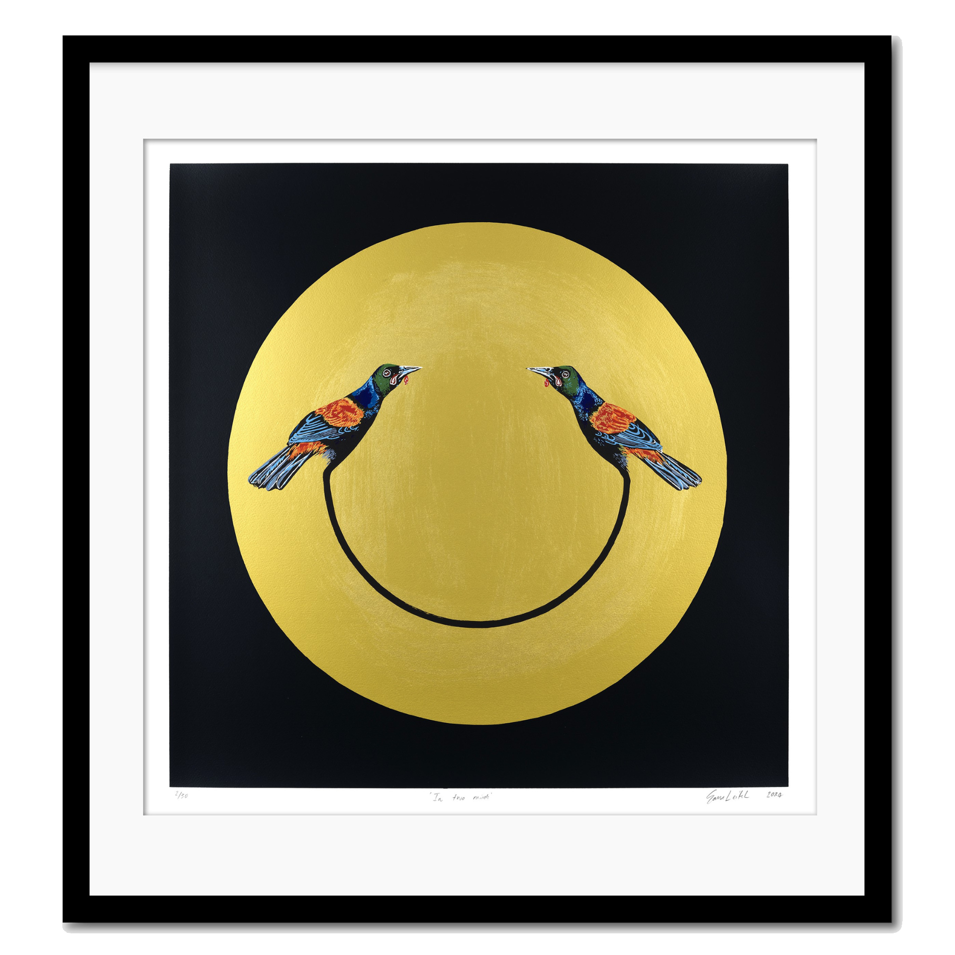 Two tieke birds in a gold circle with a black ground. 