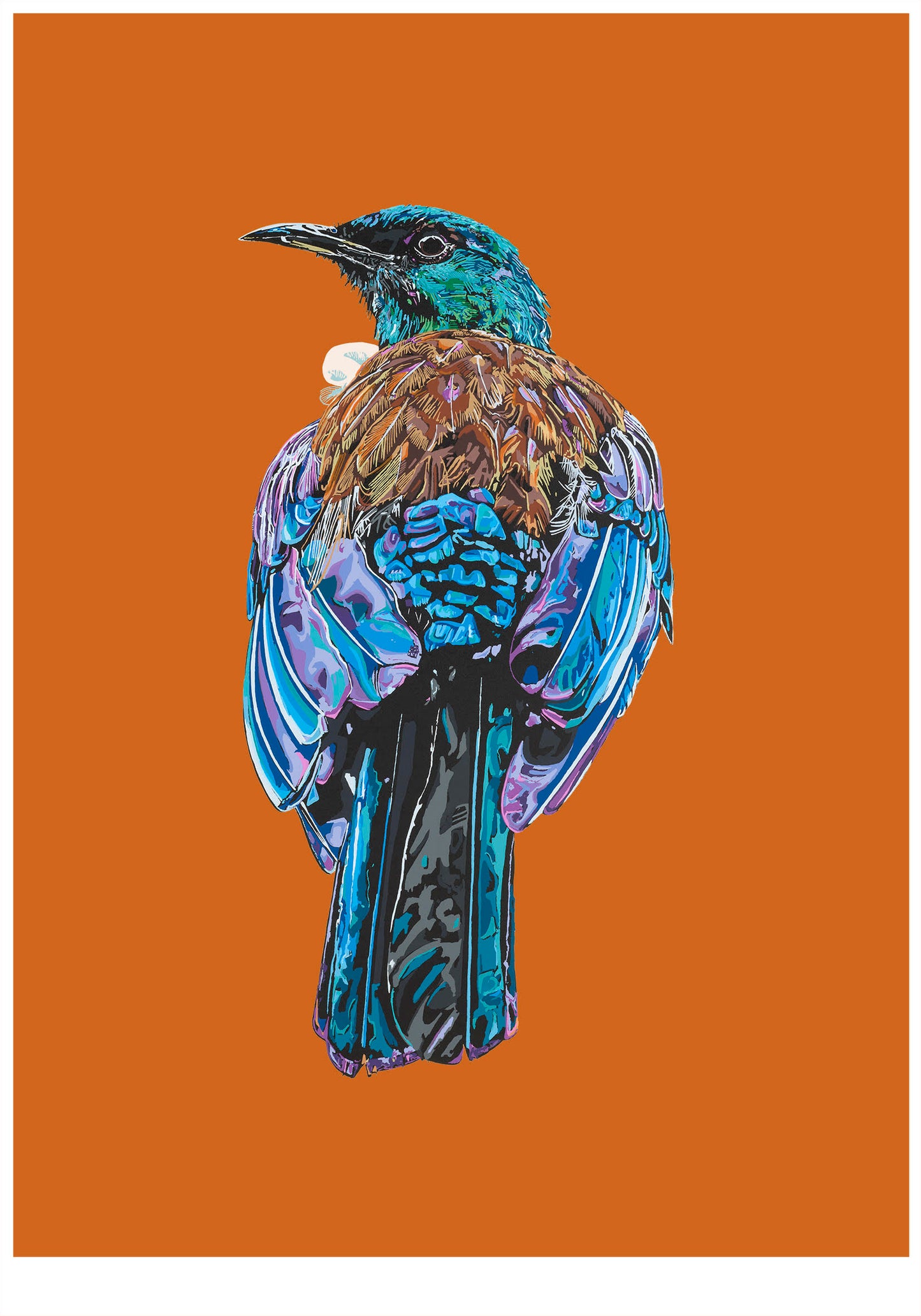 Colorful bird illustration on a brown background