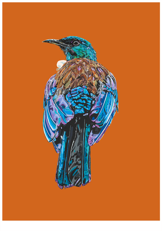 Colorful bird illustration on a brown background