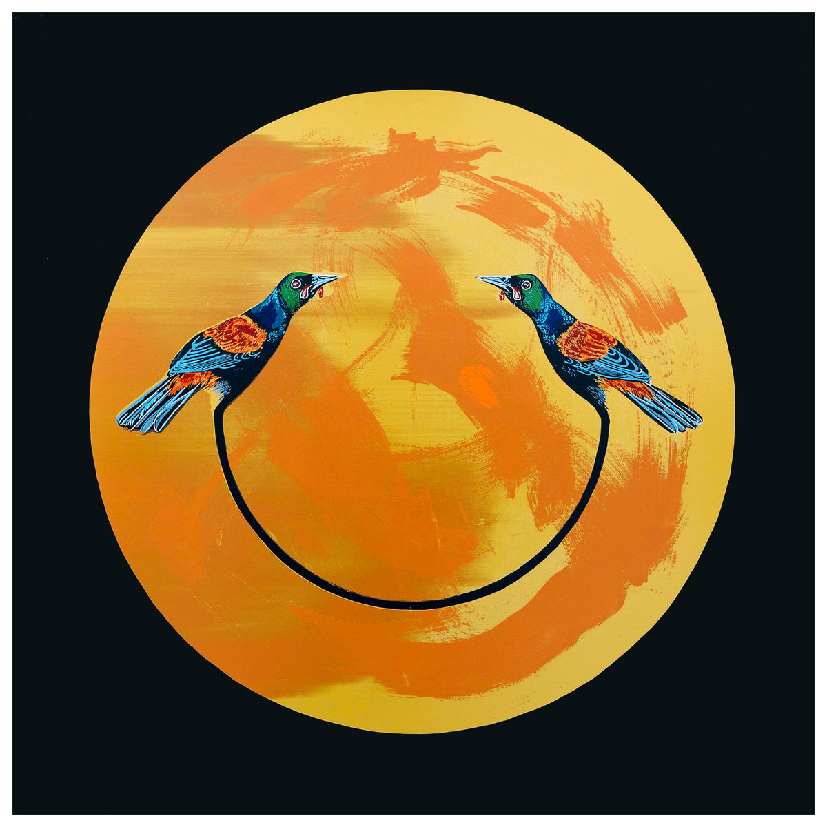 A round screen print artwork featuring two stylized birds in an orange and yellow gradient background.