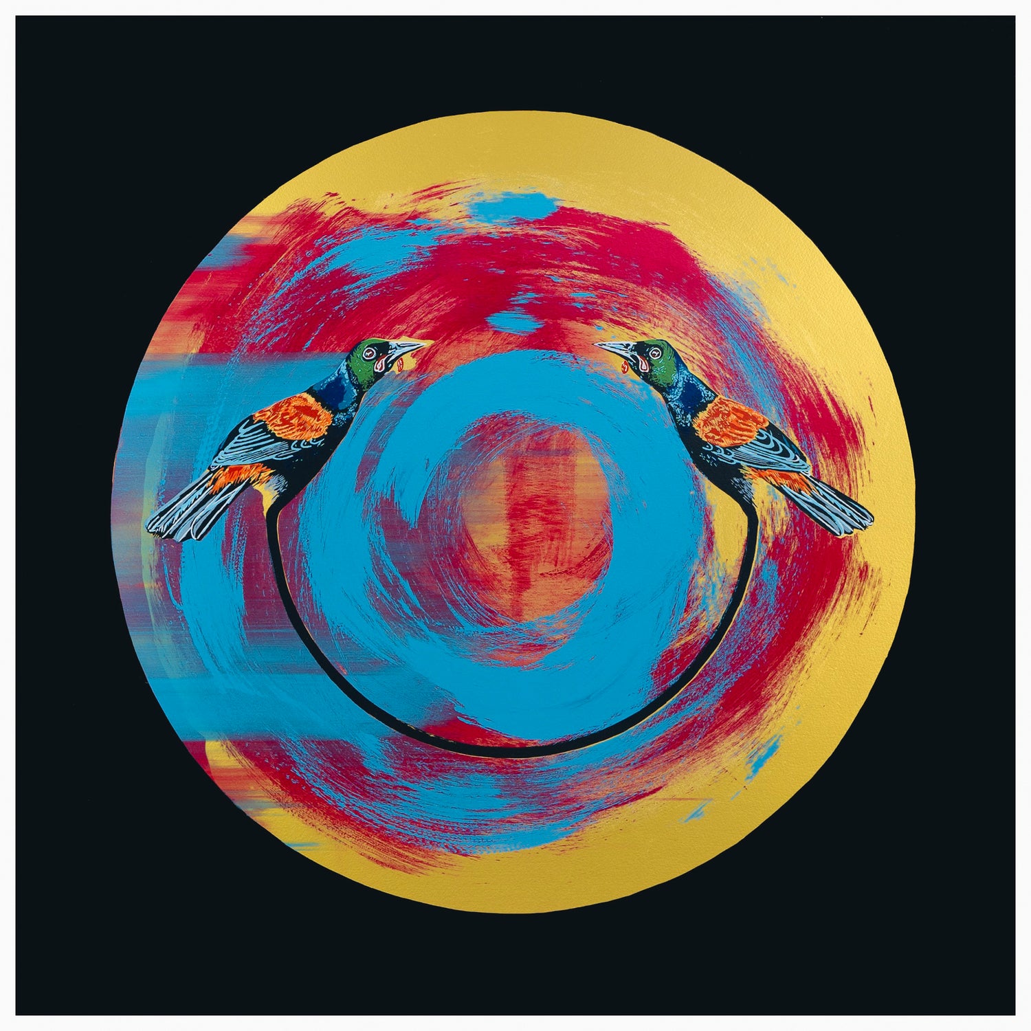 A limited edition screen print featuring two tieke birds (Saddlebacks) in a circular pattern with red, blue, and gold colors on a dark background.