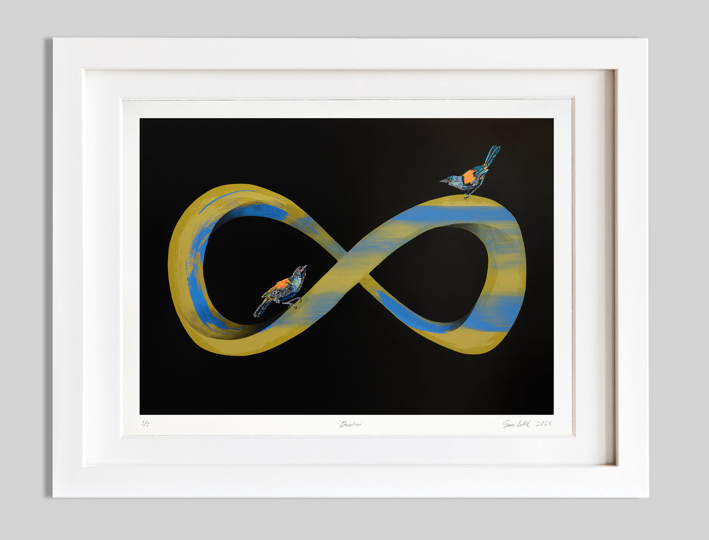 Golden infinity symbol with light mauve colour and two tieke birds perched on it. Black background and situated in a white frame