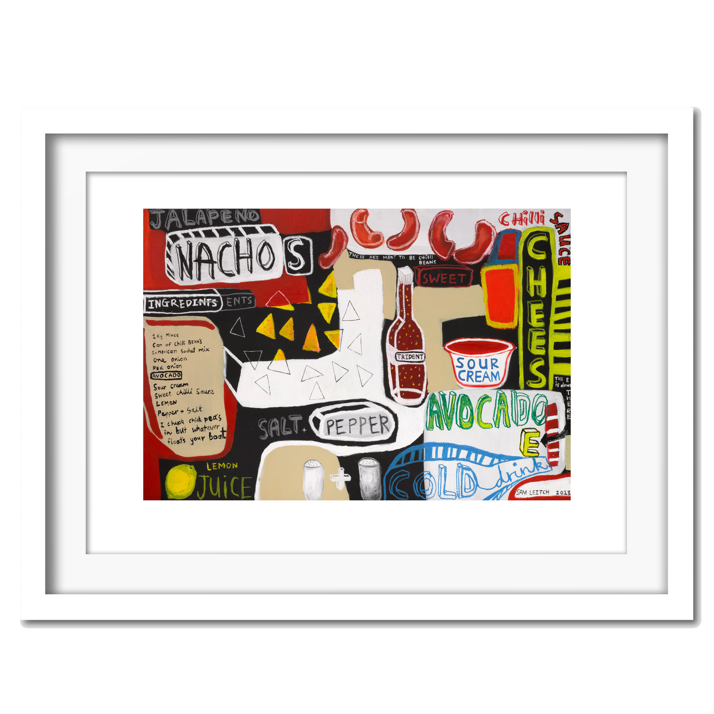 A colorful giclee print featuring various text and illustration related to nachos, such as 'AVOCADO' and 'JALAPENO,' on a white background.