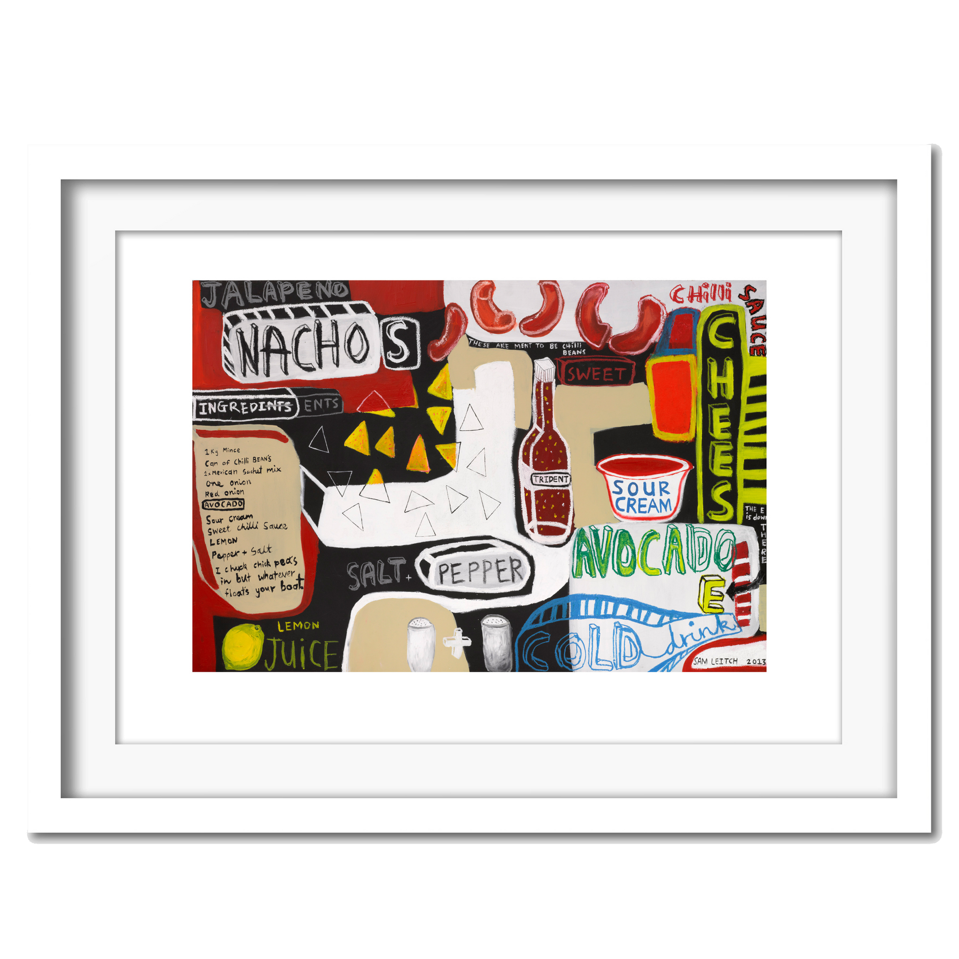 A colorful giclee print featuring various text and illustration related to nachos, such as 'AVOCADO' and 'JALAPENO,' on a white background.