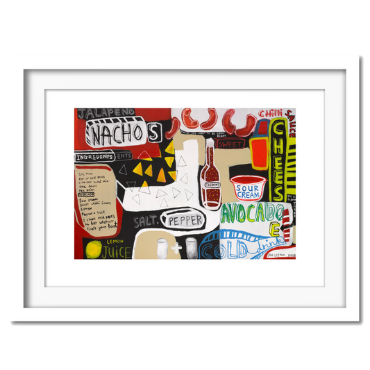 A colorful giclee print featuring various text and illustration related to nachos, such as 'AVOCADO' and 'JALAPENO,' on a white background.