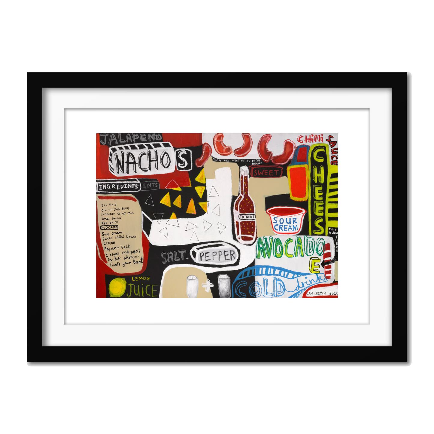 A colorful giclee print featuring various text and illustration related to nachos, such as 'AVOCADO' and 'JALAPENO,' on a white background.
