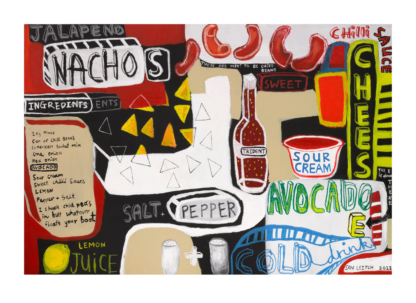 A colorful giclee print featuring various text and illustration related to nachos, such as 'AVOCADO' and 'JALAPENO,' on a white background.