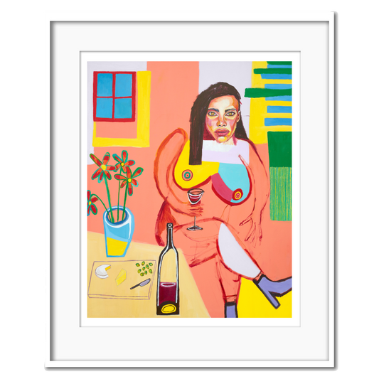 A figure of a woman drinking a wine with flowers and a platter on the table.