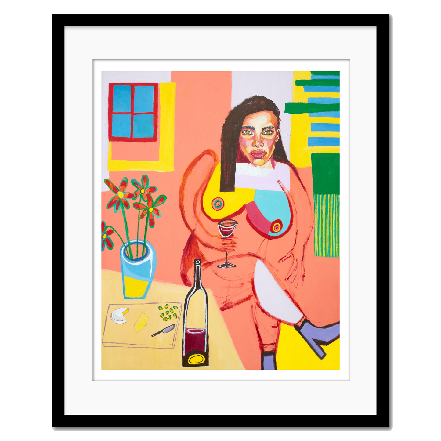 Peaches and P* black frameA figure of a woman drinking a wine with flowers and a platter on the table.