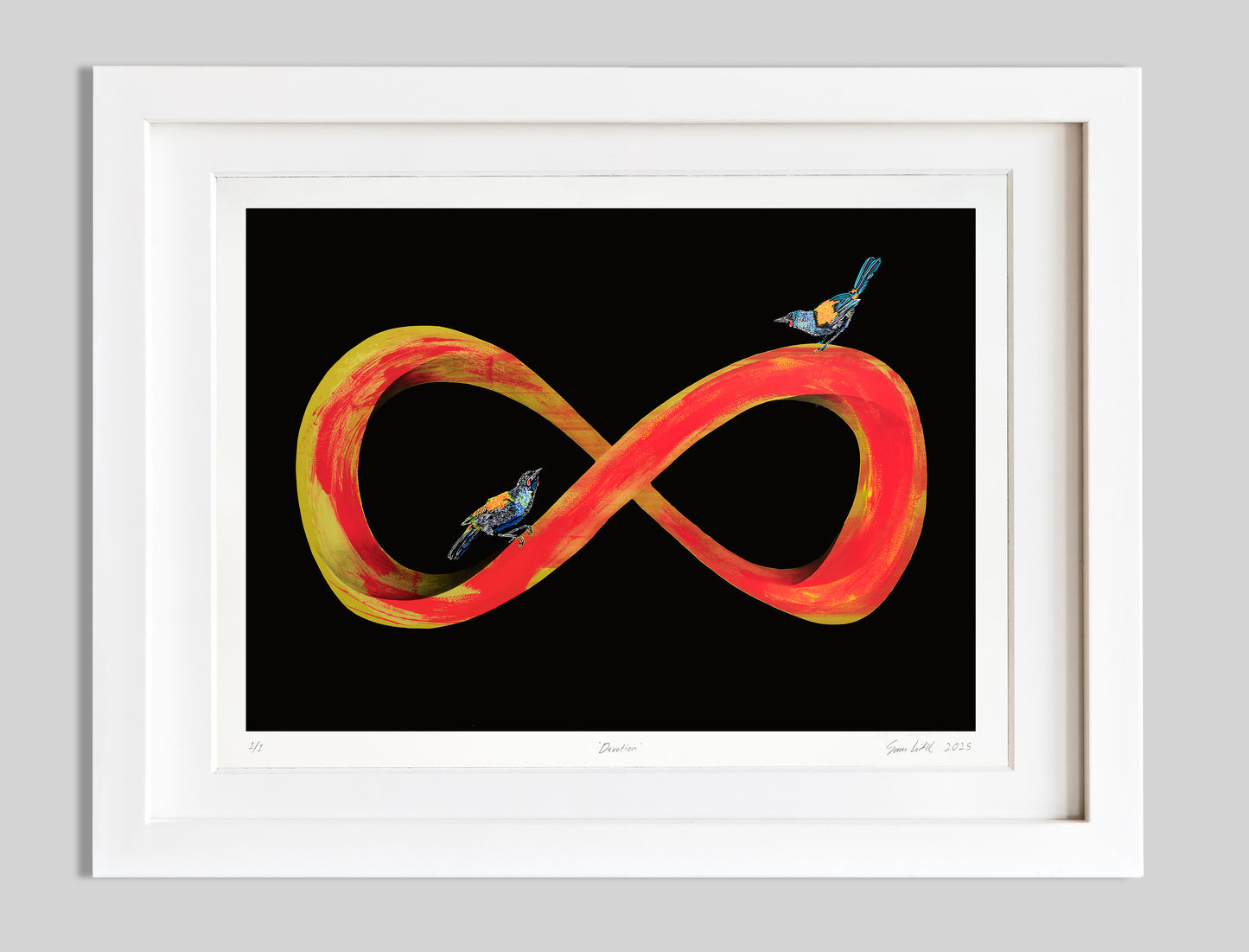 Framed artwork of an infinity symbol with birds on a black background